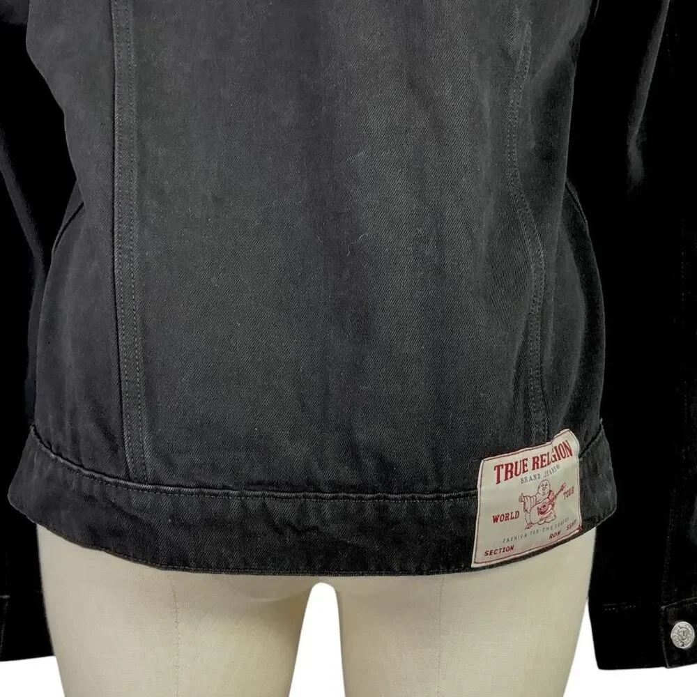 True Religion Jimmy Mens Black Denim Trucker Jacket L Button Front Classic Logo
